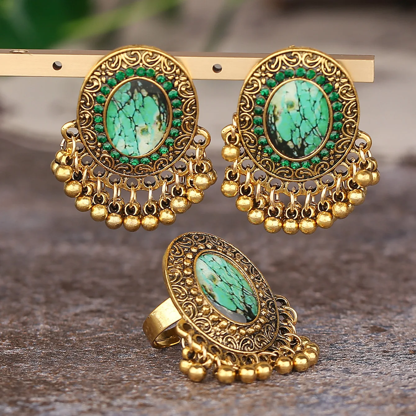 Bohemia Indian Jewelry Sets Bollywood Bridal Gold Color Pearl Earrings Rings Set - Bild 9 von 26