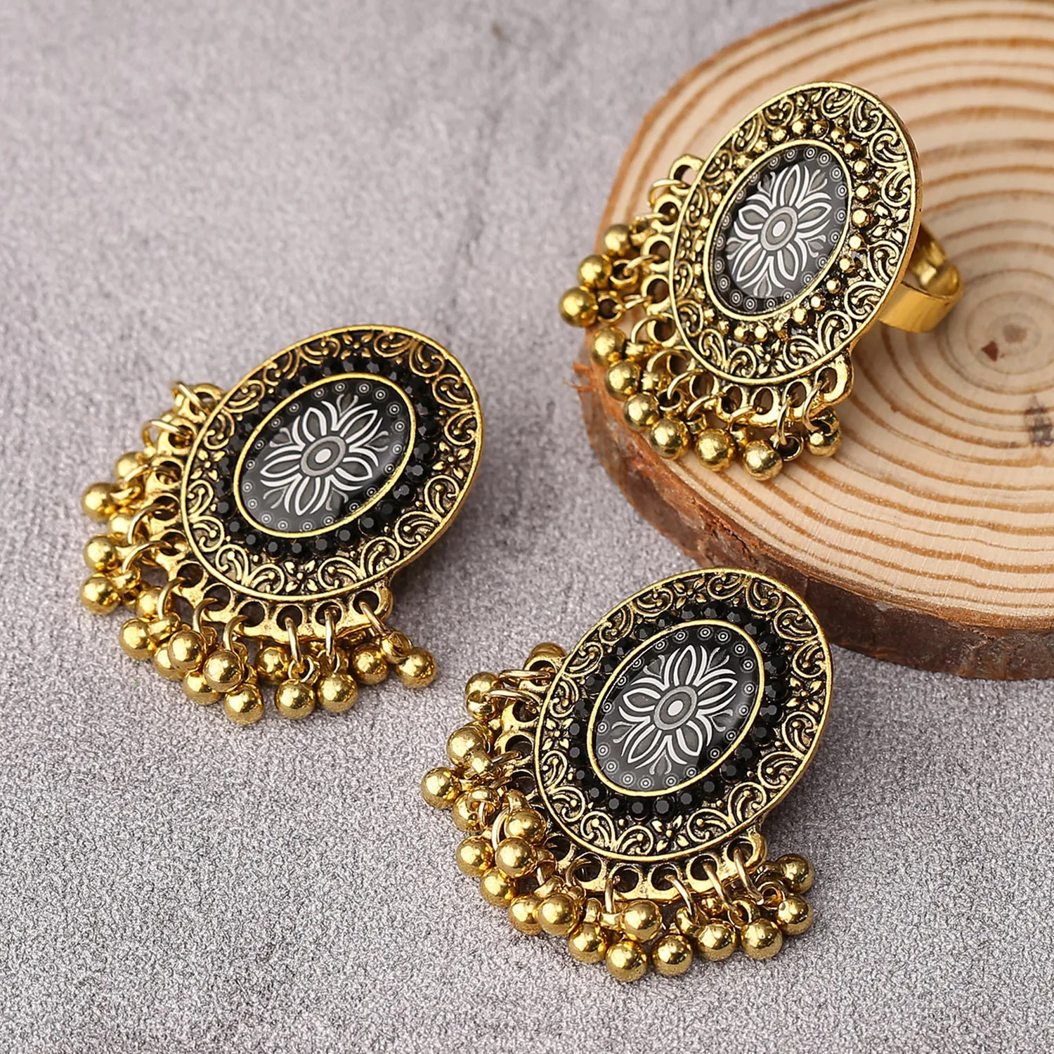 Bohemia Indian Jewelry Sets Bollywood Bridal Gold Color Pearl Earrings Rings Set - Bild 11 von 26