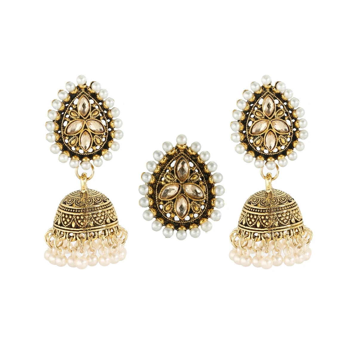 Bohemia Indian Jewelry Sets Bollywood Bridal Gold Color Pearl Earrings Rings Set - Bild 12 von 26