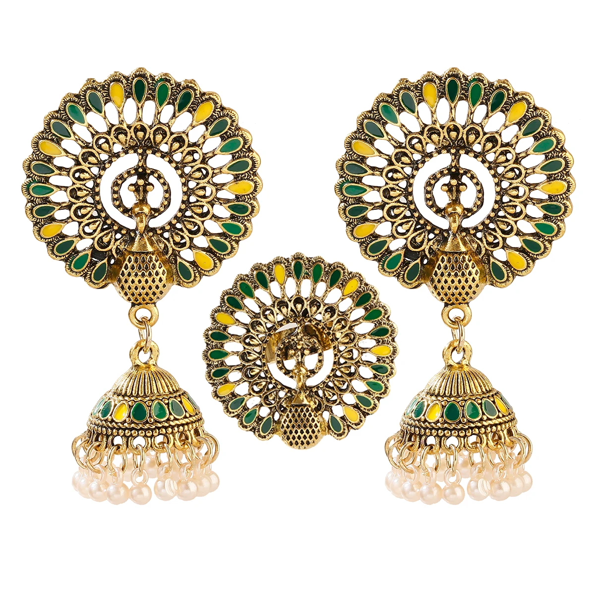 Bohemia Indian Jewelry Sets Bollywood Bridal Gold Color Pearl Earrings Rings Set - Bild 14 von 26