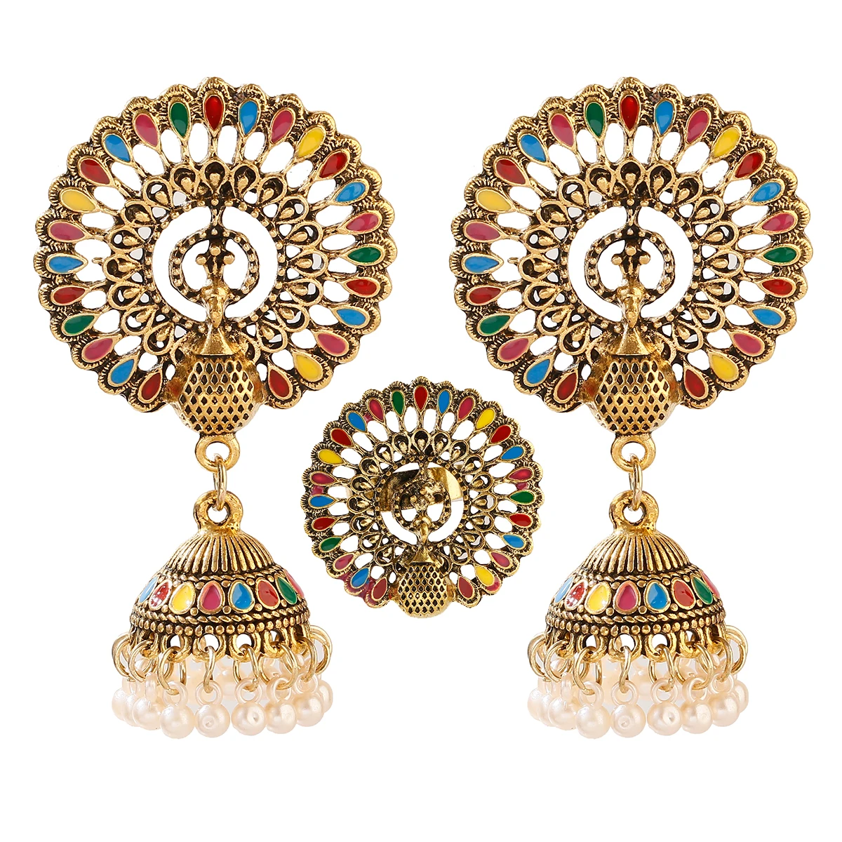 Bohemia Indian Jewelry Sets Bollywood Bridal Gold Color Pearl Earrings Rings Set - Bild 16 von 26
