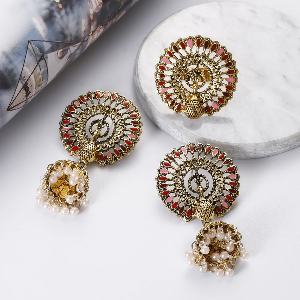 Bohemia Indian Jewelry Sets Bollywood Bridal Gold Color Pearl Earrings Rings Set - Bild 17 von 26