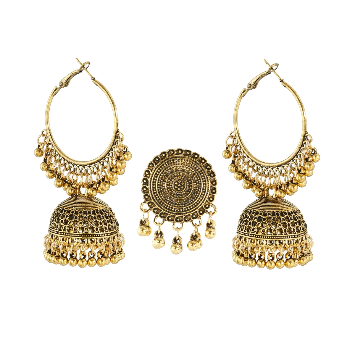 Bohemia Indian Jewelry Sets Bollywood Bridal Gold Color Pearl Earrings Rings Set - Bild 18 von 26