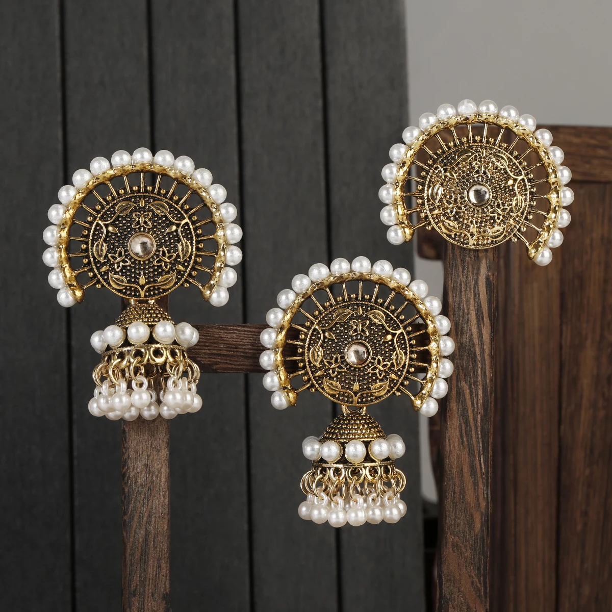 Bohemia Indian Jewelry Sets Bollywood Bridal Gold Color Pearl Earrings Rings Set - Bild 19 von 26