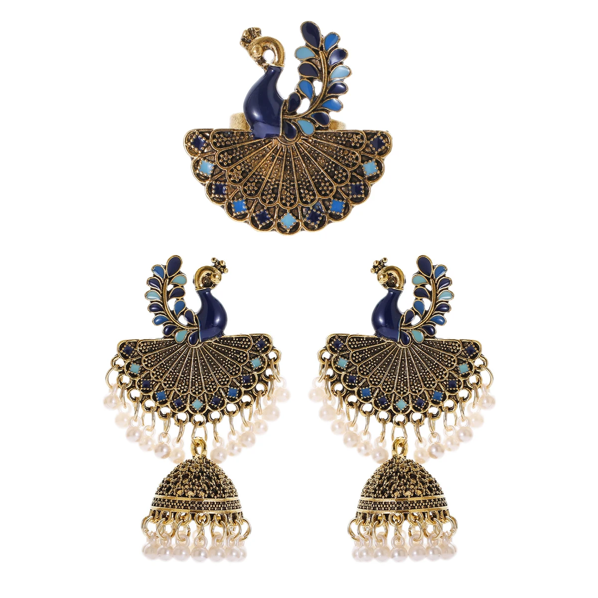 Bohemia Indian Jewelry Sets Bollywood Bridal Gold Color Pearl Earrings Rings Set - Bild 22 von 26