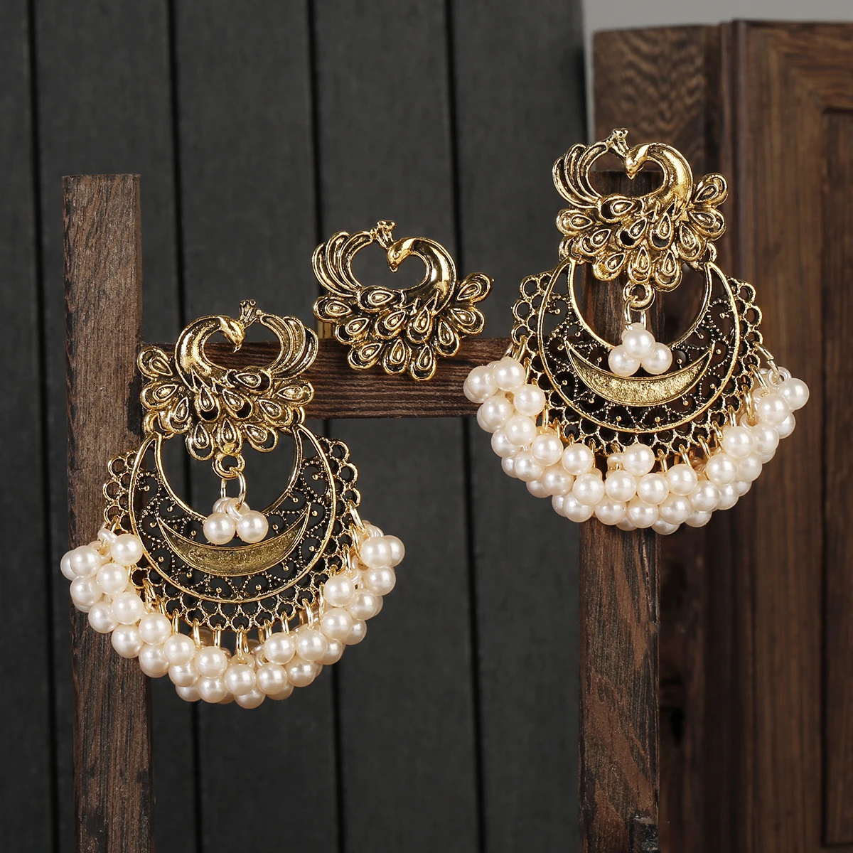 Bohemia Indian Jewelry Sets Bollywood Bridal Gold Color Pearl Earrings Rings Set - Bild 24 von 26