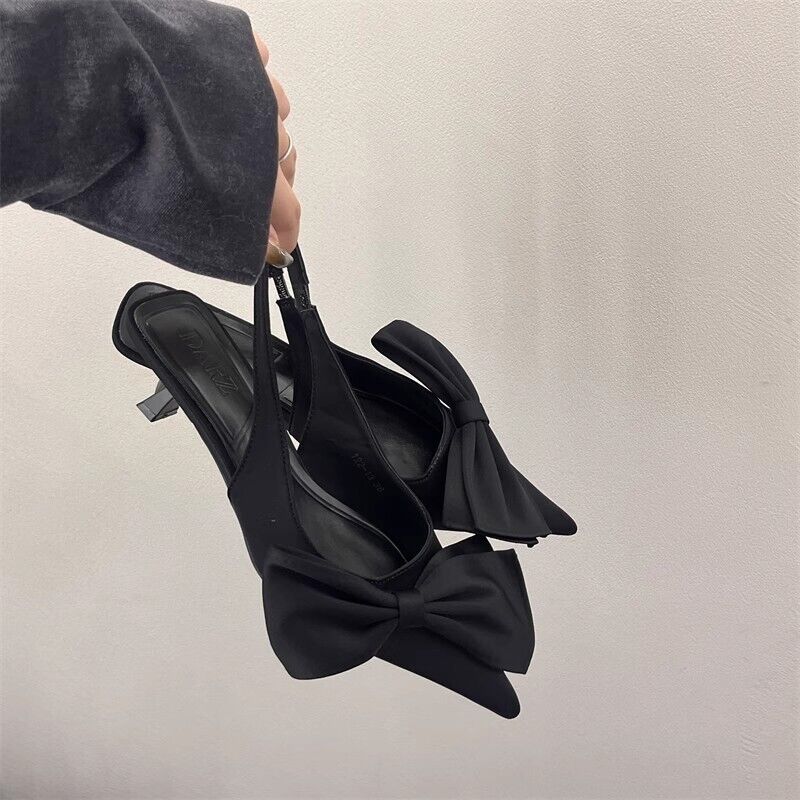 Scarpe donna decolte a punta tacco medio gattino fiocco slingback sandali eleganti - Foto 13 di 14