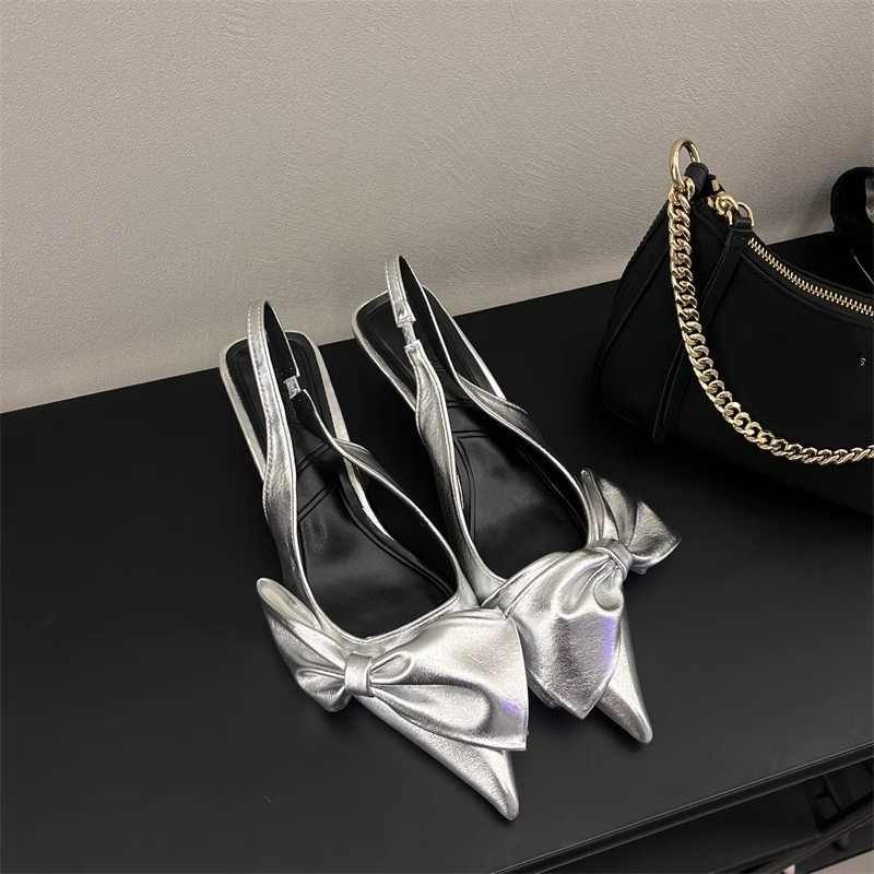 Scarpe donna decolte a punta tacco medio gattino fiocco slingback sandali eleganti - Foto 14 di 14
