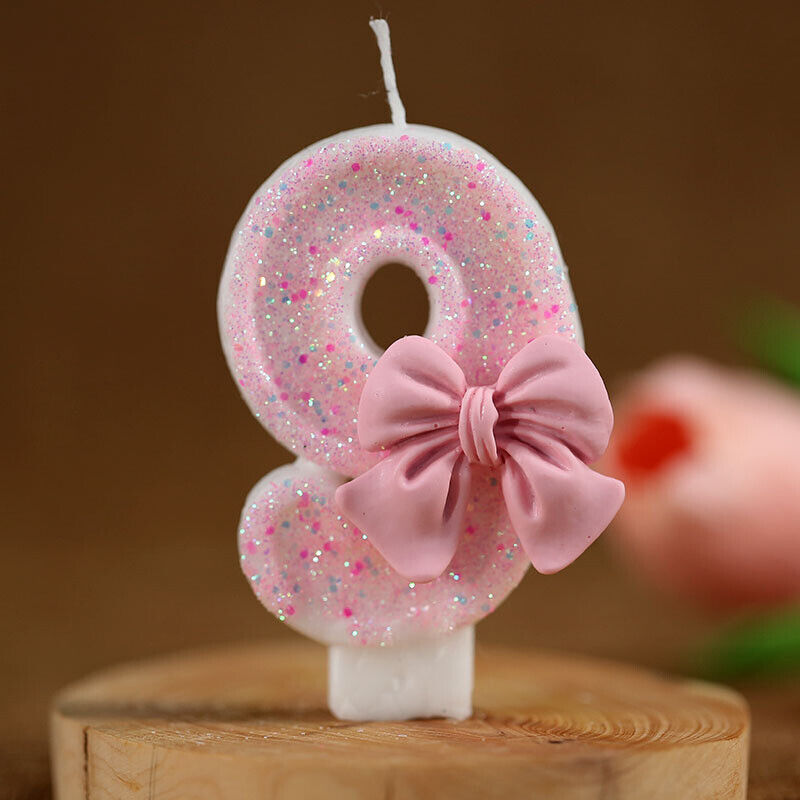 3D Number Cake Decorating Candles Glitter Pink Bow Digital Candles Cake Topper B