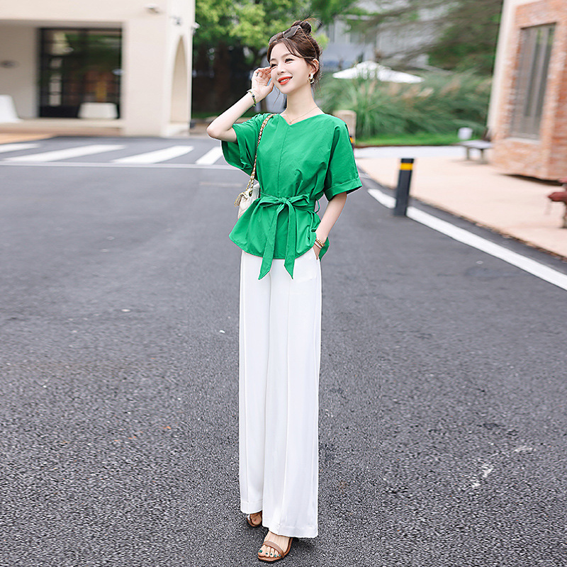 Wide Leg Pants Two-Piece Set Fashion V-Neck Casual Suit Women's Summer 2Pc Set - Picture 7 of 8