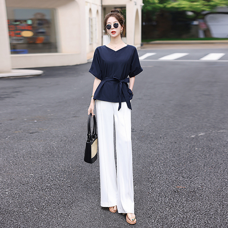 Wide Leg Pants Two-Piece Set Fashion V-Neck Casual Suit Women's Summer 2Pc Set - Picture 8 of 8
