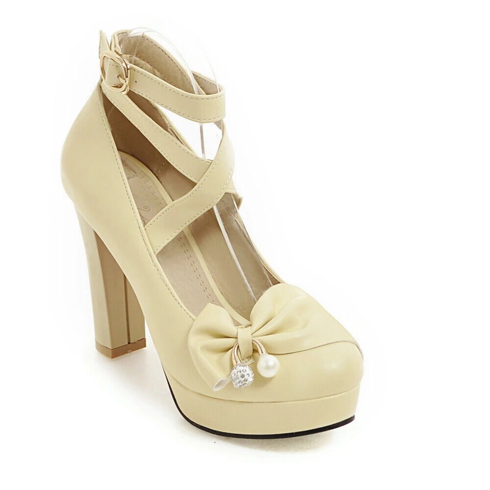 Scarpe décolleté donna sexy plateau fiocco legati incrociati alla caviglia tacchi alti scarpe da sposa - Foto 22 di 22