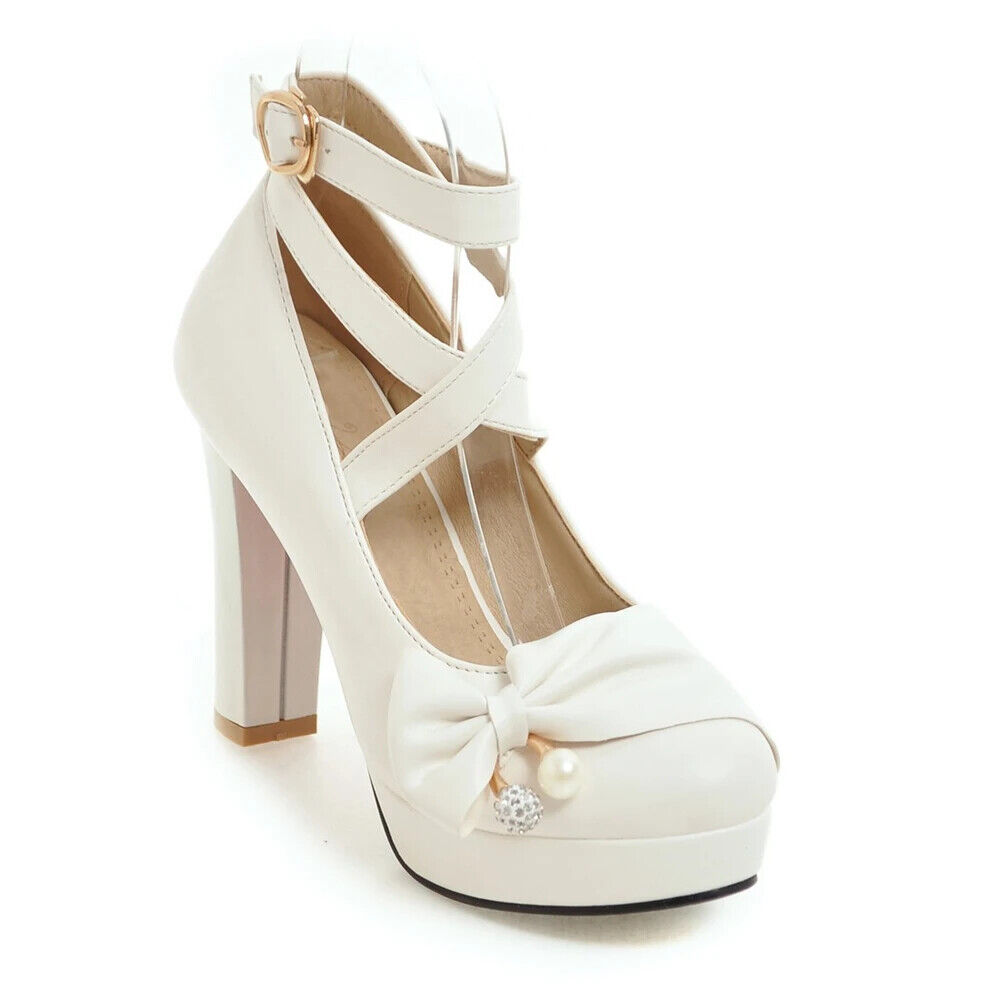 Scarpe décolleté donna sexy plateau fiocco legati incrociati alla caviglia tacchi alti scarpe da sposa - Foto 19 di 22