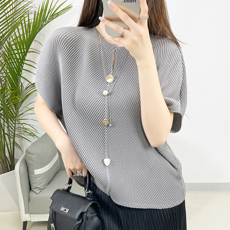 Top informal 2024 verano plisado coreano manga corta camiseta mujer tops sueltos - Imagen 11 de 16