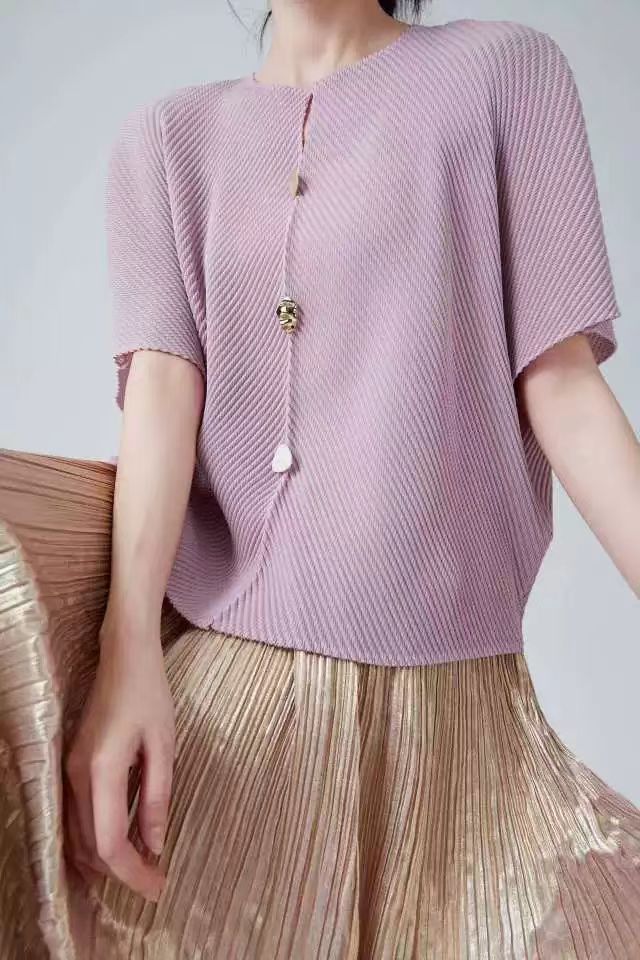 Top informal 2024 verano plisado coreano manga corta camiseta mujer tops sueltos - Imagen 14 de 16
