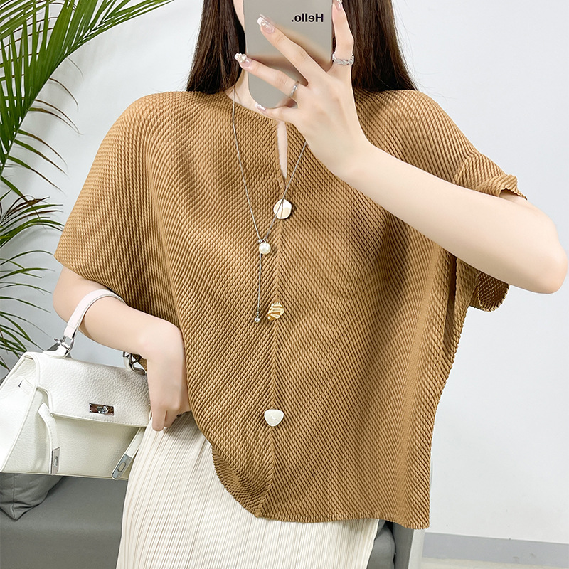 Top informal 2024 verano plisado coreano manga corta camiseta mujer tops sueltos - Imagen 15 de 16