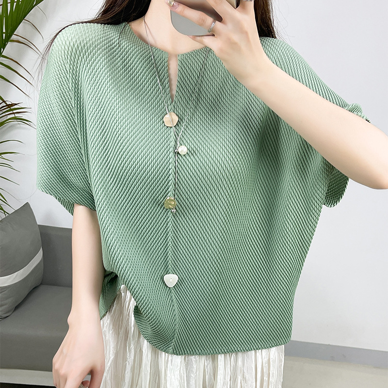 Top informal 2024 verano plisado coreano manga corta camiseta mujer tops sueltos - Imagen 16 de 16