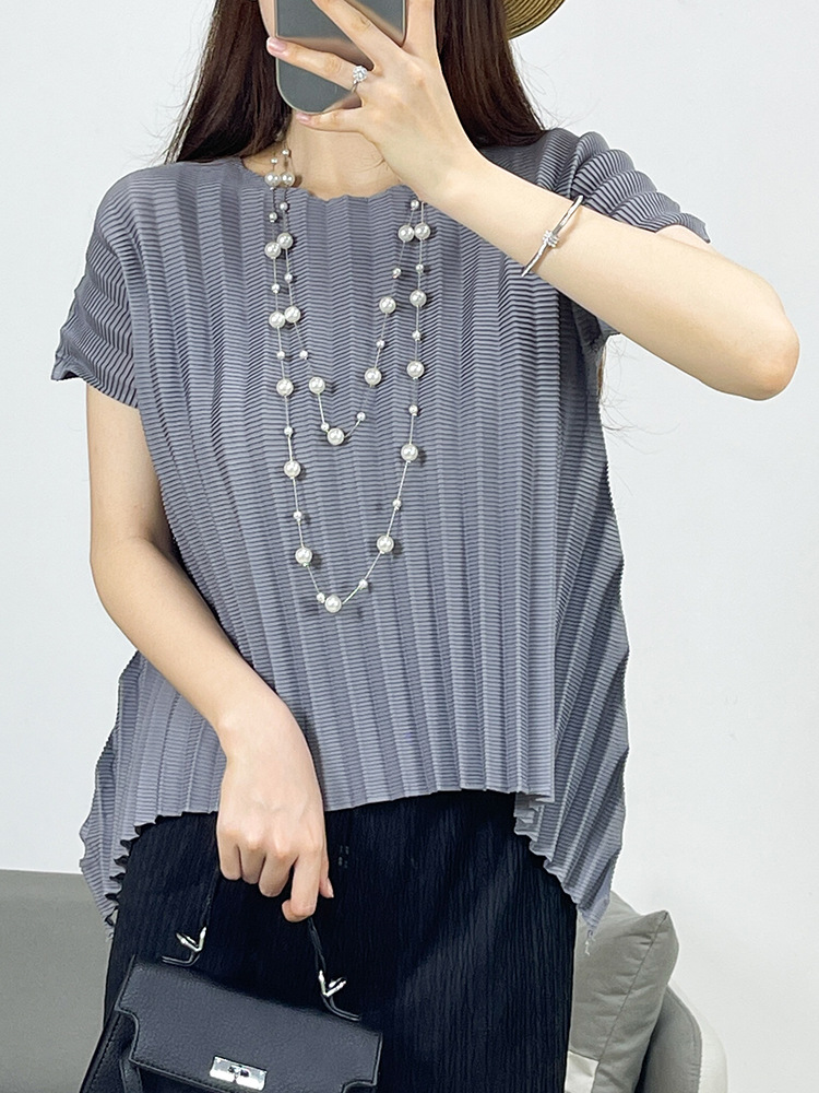 Nueva camiseta plisada informal de manga corta de verano 2024 para mujer calce ajustado - Imagen 12 de 17