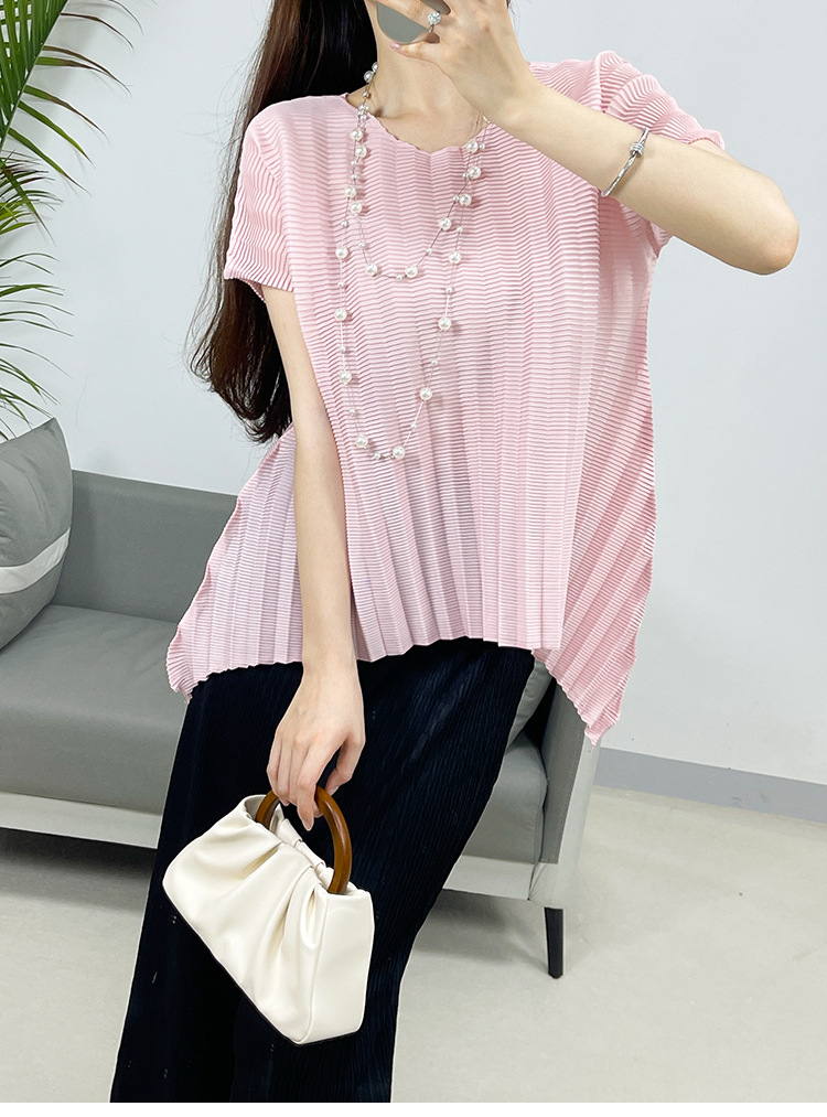 Nueva camiseta plisada informal de manga corta de verano 2024 para mujer calce ajustado - Imagen 17 de 17