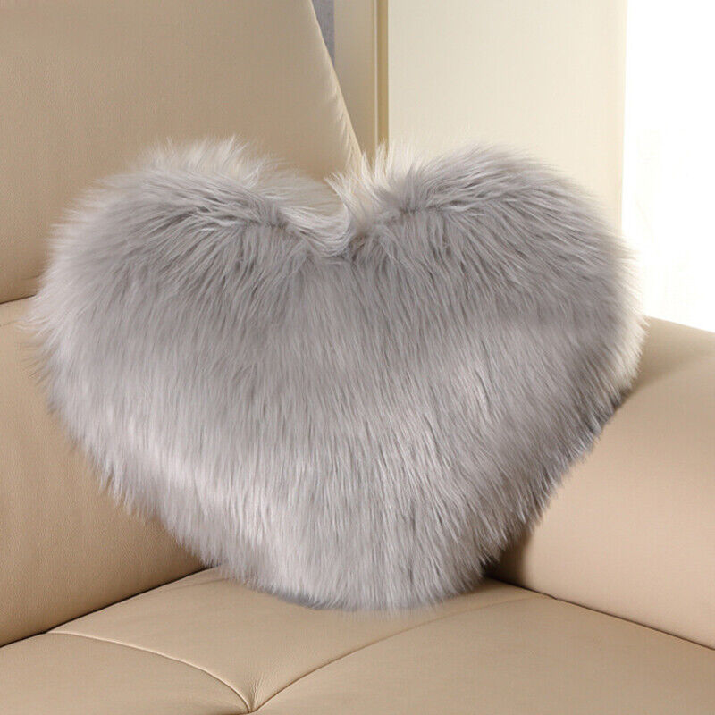Heart Shaped Fluffy Faux Fur Plush Throw Pillow Case Shaggy Sofa Cushion Cover - Picture 32 of 37