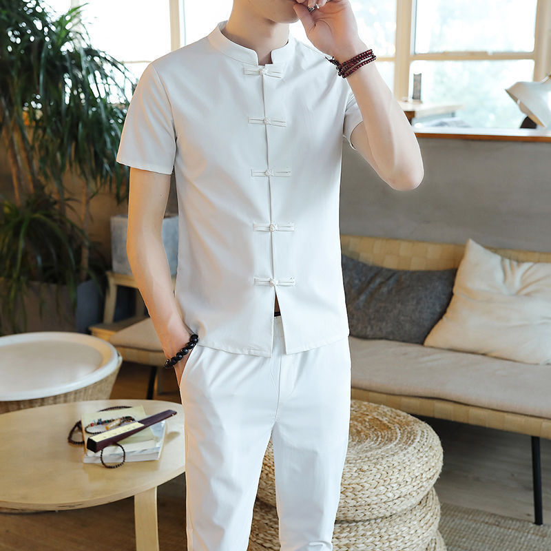 Men Tops Suit Faux Linen Short Sleeve Youth Chinese Style T-shirt Pant 2Pcs