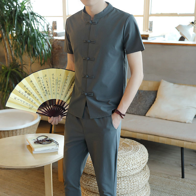 Men Tops Suit Faux Linen Short Sleeve Youth Chinese Style T-shirt Pant 2Pcs