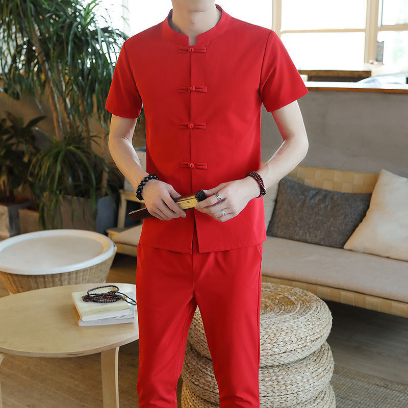 Men Tops Suit Faux Linen Short Sleeve Youth Chinese Style T-shirt Pant 2Pcs