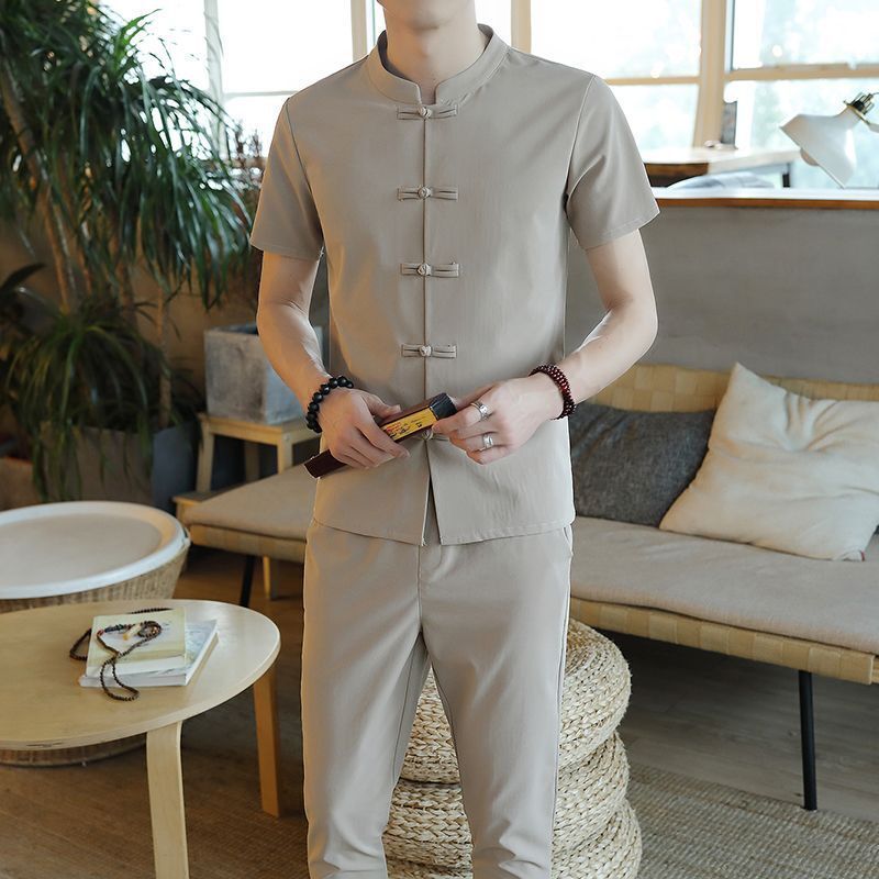 Men Tops Suit Faux Linen Short Sleeve Youth Chinese Style T-shirt Pant 2Pcs