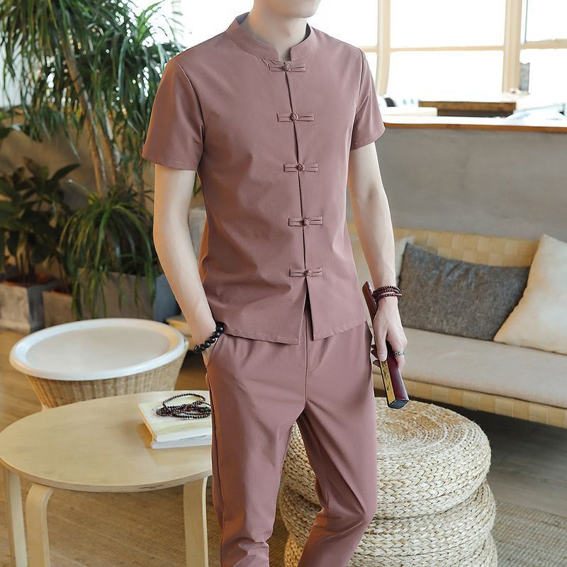 Men Tops Suit Faux Linen Short Sleeve Youth Chinese Style T-shirt Pant 2Pcs