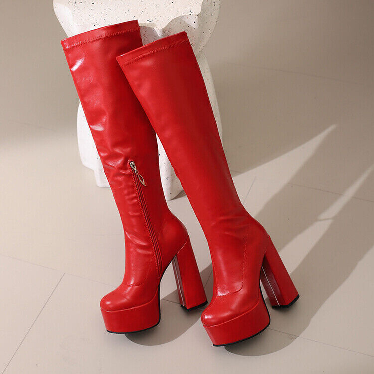Women Gogo Boots Platform Chunky Block Heel Side Zipper Knee High Boots Shoes - Picture 22 of 25