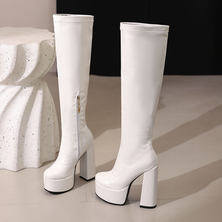 Women Gogo Boots Platform Chunky Block Heel Side Zipper Knee High Boots Shoes - Picture 23 of 25