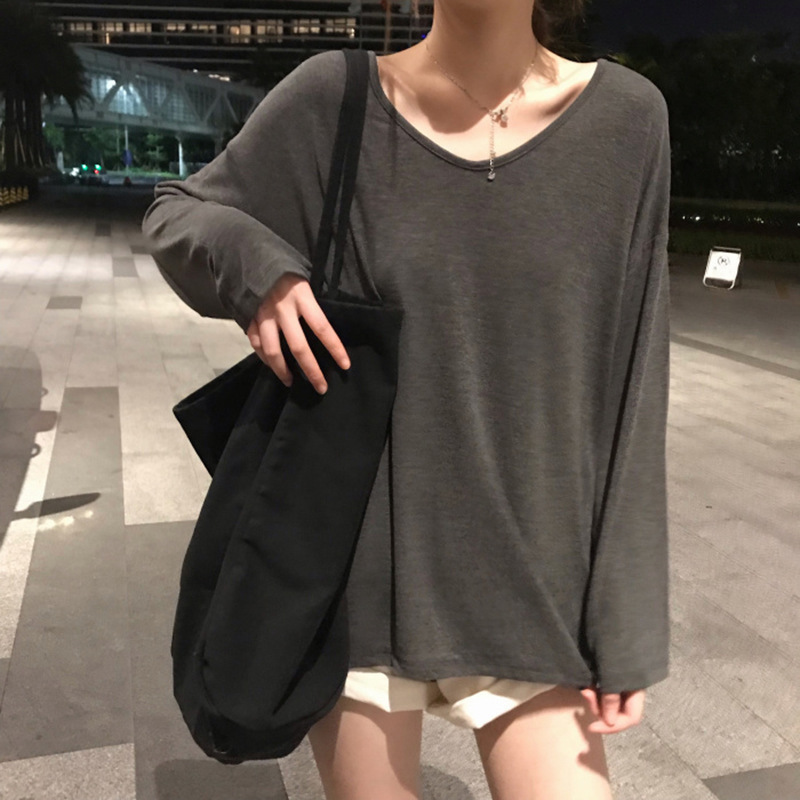 Womens Korean Fashion V Neck Long Sleeves Loose Casual T-Shirt Pullover Blouse