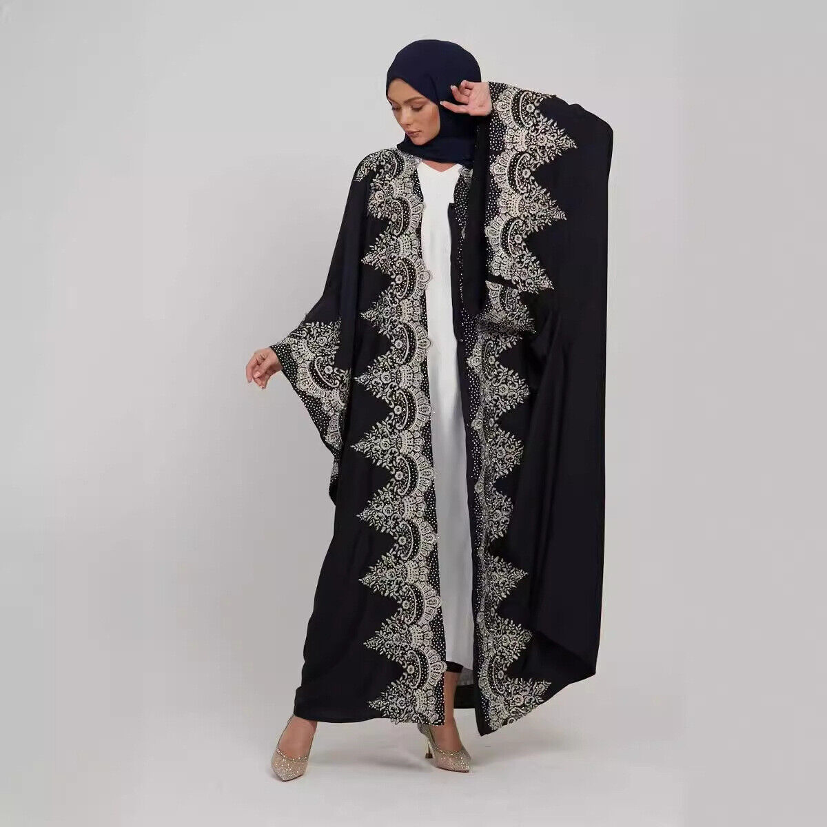 Dubai Fashion Open Front Cardigan Muslim Abaya Kaftan Bat Sleeve Dress for Women