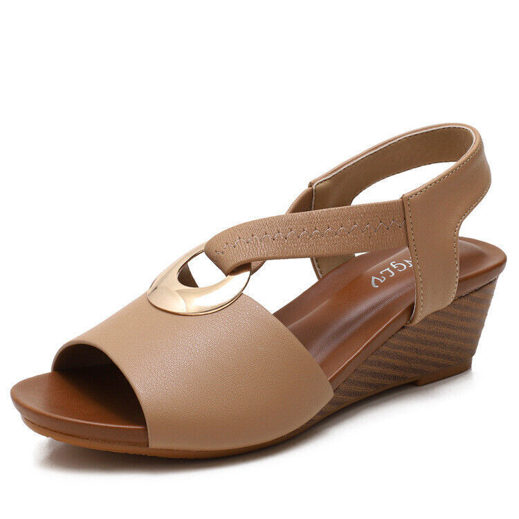 Womens Peep Toe Slip On Mid Heel Wedge Sandals Buckle Casual Summer Beach Shoes - Picture 17 of 17