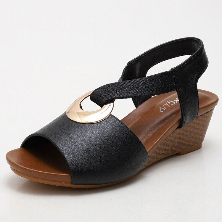 Womens Peep Toe Slip On Mid Heel Wedge Sandals Buckle Casual Summer Beach Shoes - Picture 15 of 17