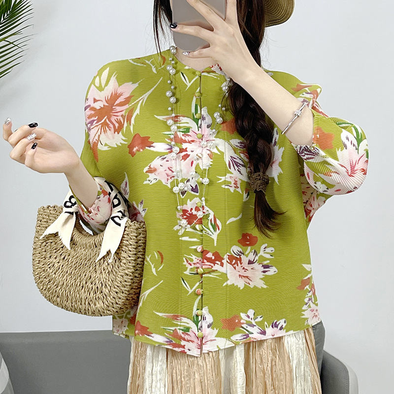New Pleated Casual Button Print 3/4 Sleeve Top Shirt Women's Loose Clothing - Picture 15 of 20