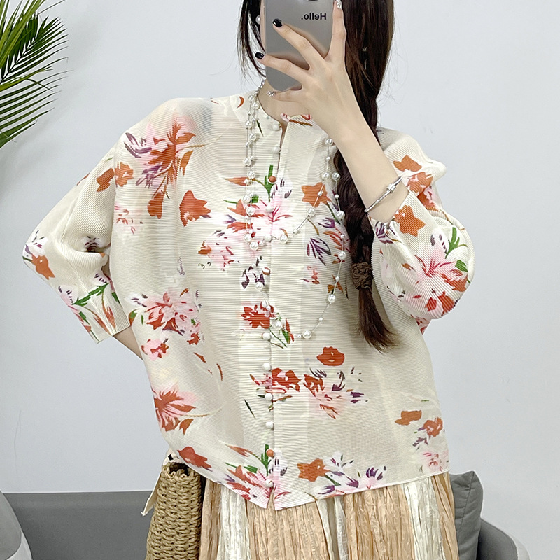 New Pleated Casual Button Print 3/4 Sleeve Top Shirt Women's Loose Clothing - Picture 16 of 20