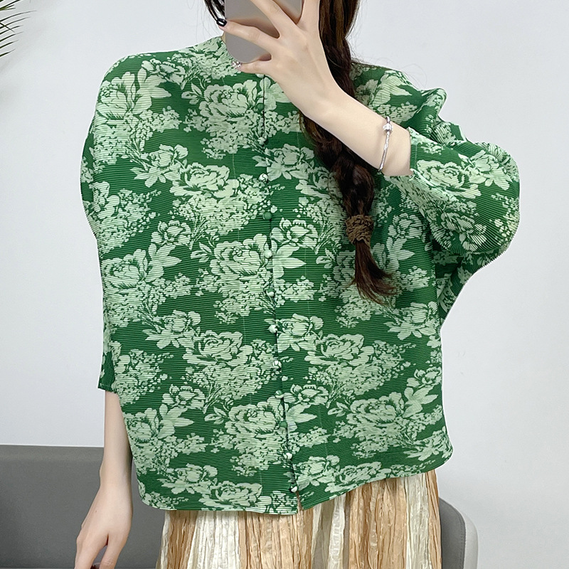 New Pleated Casual Button Print 3/4 Sleeve Top Shirt Women's Loose Clothing - Picture 17 of 20