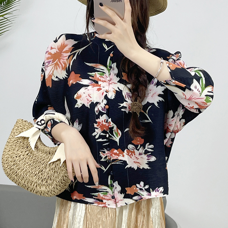 New Pleated Casual Button Print 3/4 Sleeve Top Shirt Women's Loose Clothing - Picture 18 of 20
