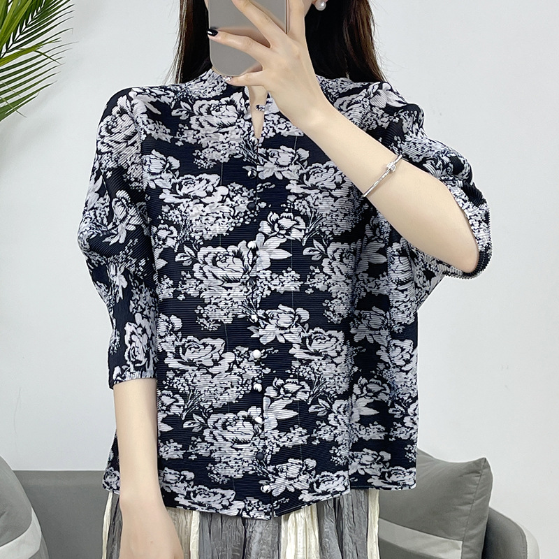 New Pleated Casual Button Print 3/4 Sleeve Top Shirt Women's Loose Clothing - Picture 19 of 20
