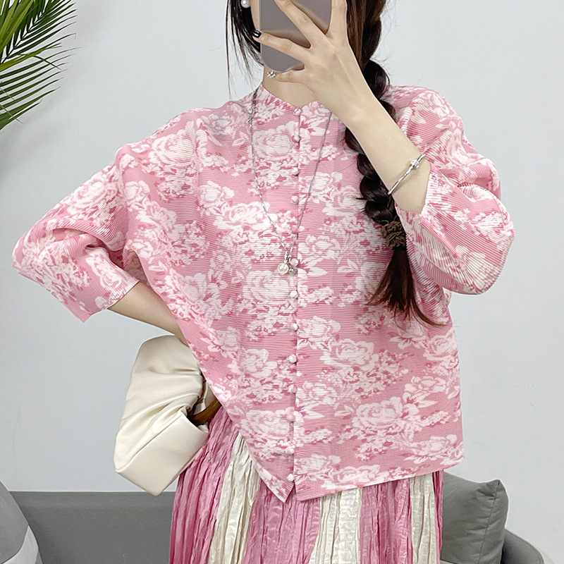 New Pleated Casual Button Print 3/4 Sleeve Top Shirt Women's Loose Clothing - Picture 20 of 20