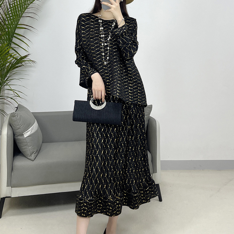 Women Pleated Casual Irregular Long Sleeved Top Half Skirt 2Pc Set Loose Set - Picture 15 of 17