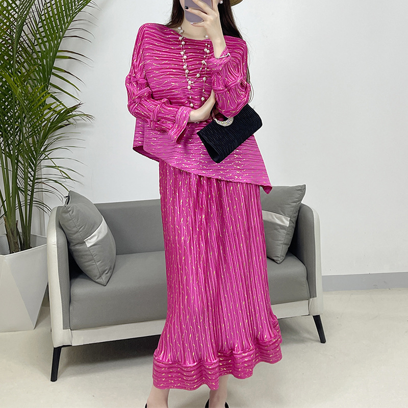 Women Pleated Casual Irregular Long Sleeved Top Half Skirt 2Pc Set Loose Set - Picture 16 of 17
