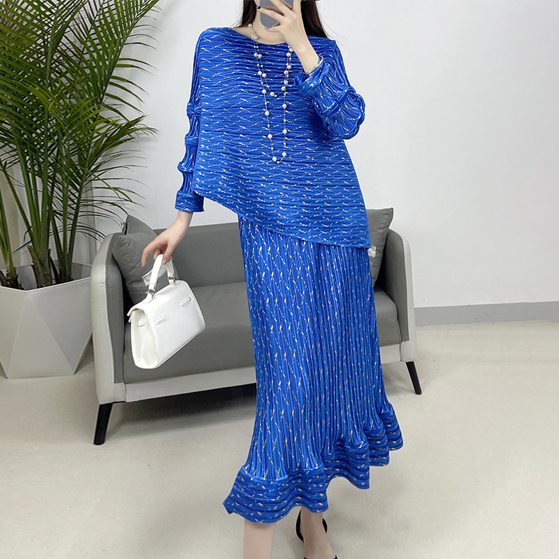 Women Pleated Casual Irregular Long Sleeved Top Half Skirt 2Pc Set Loose Set - Picture 17 of 17