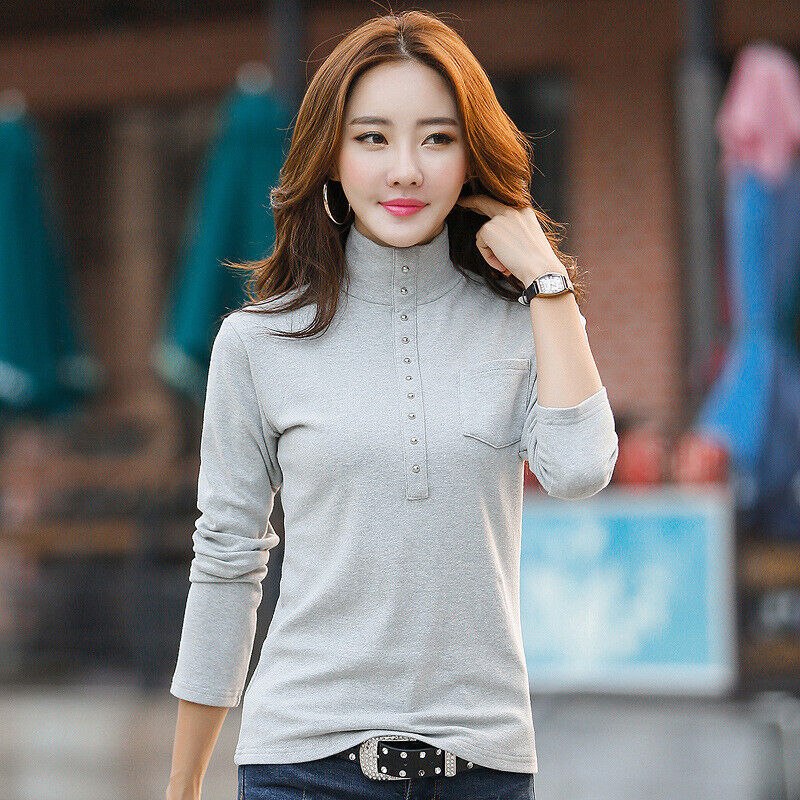 Womens Girls Korean Slim Long Sleeve Cotton Pocket Rivet High Neck T-Shirt Tops