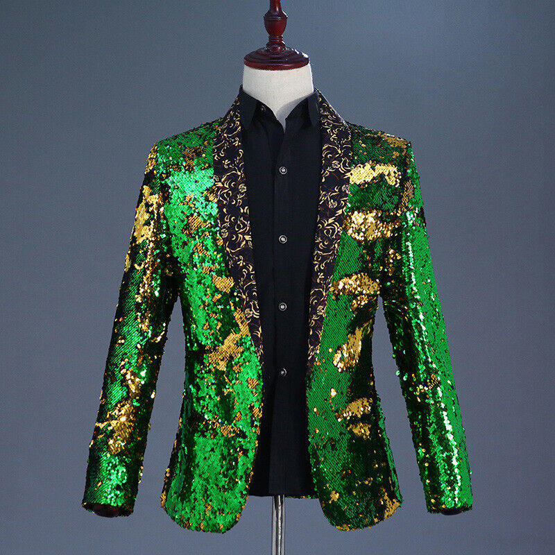 Giacca tuta uomo reversibile bicolore paillettes glitter blazer cappotto palcoscenico danza top - Foto 16 di 21