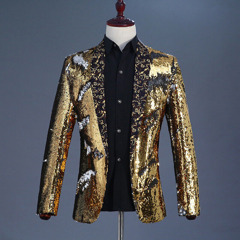 Giacca tuta uomo reversibile bicolore paillettes glitter blazer cappotto palcoscenico danza top - Foto 17 di 21