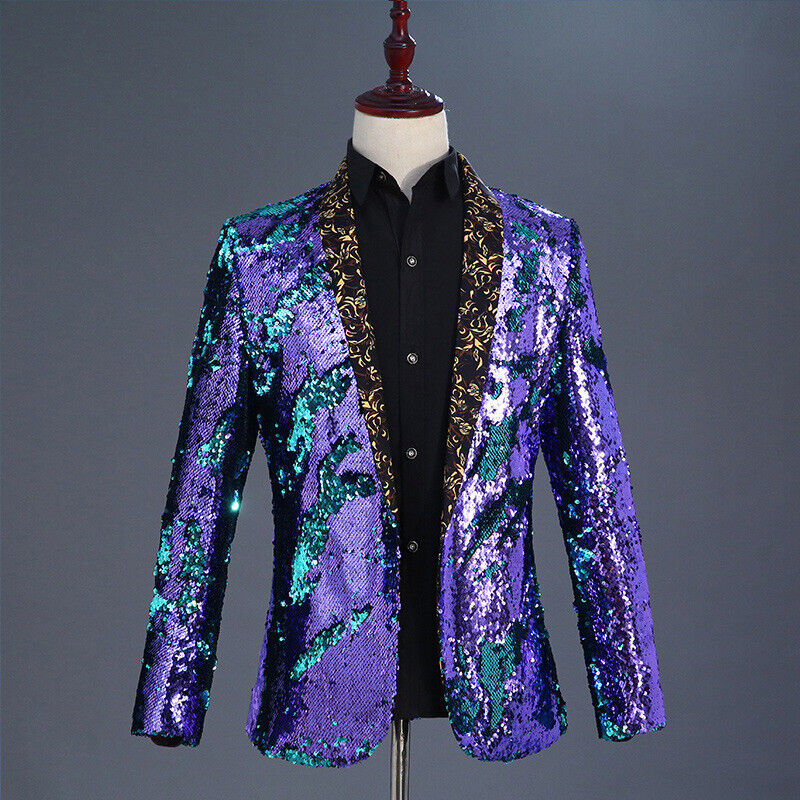 Giacca tuta uomo reversibile bicolore paillettes glitter blazer cappotto palcoscenico danza top - Foto 18 di 21