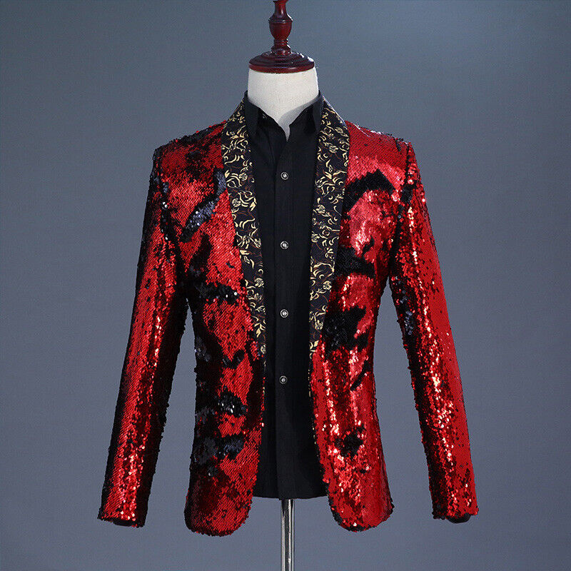 Giacca tuta uomo reversibile bicolore paillettes glitter blazer cappotto palcoscenico danza top - Foto 20 di 21