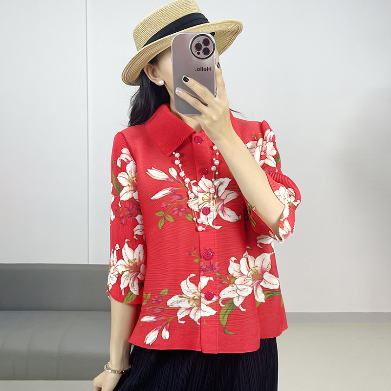 2024 Spring Women's Casual Shirt Loose Fashion Pleated Button Top Blouse - Picture 13 of 14